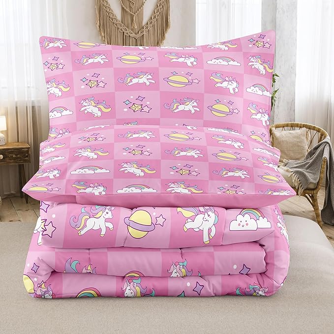 Tailor Shop Pink Queen Bedding Sets for Girls Kids Chessboard Grid Unicorn Comforter Girls Comforter Set Unicorn Room Decor Ultra Soft Bed Set with 2 Pillowcase…