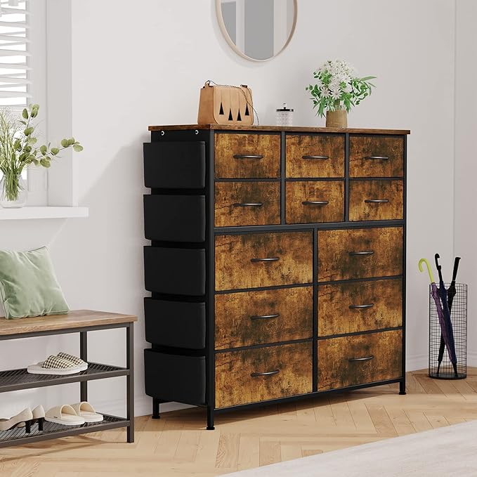 Dresser for Bedroom with 12 Drawers, Tall Dresser Chest of Drawers with 5 Side Pockets and Hooks, Wooden Top Fabric Dresser Storage Tower for Closet, Hallway, Living Room, Rustic Brown