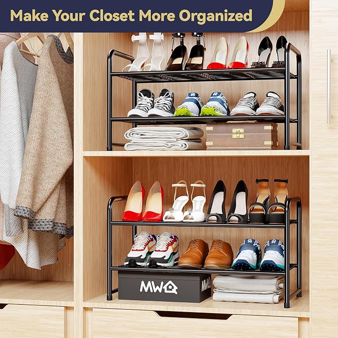 2-Tier 27” Wide Shoe Rack for Closet, Metal Stackable Shoe Shelf Organizer, Black