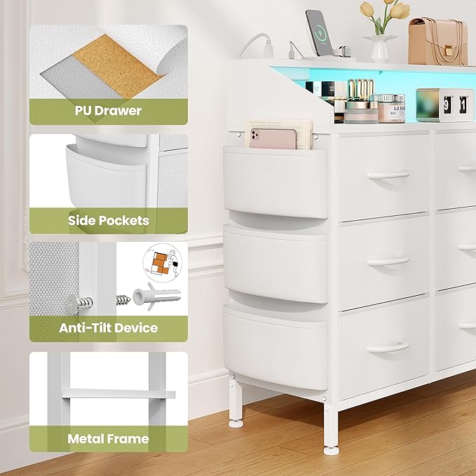 Lulive White Dresser TV Stand with LED Light and Power Outlets, 2-Tier Shelf Fabric Chests of Drawers for Bedroom, Entryway, Closet (White)