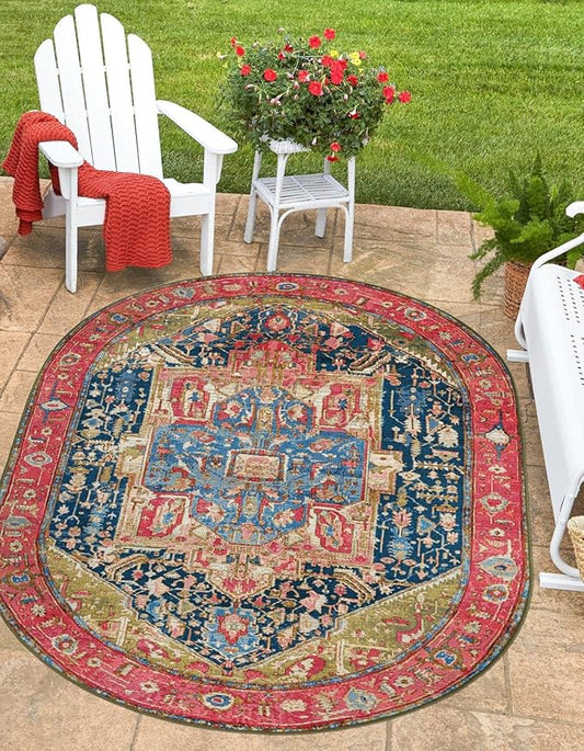 Unique Loom Outdoor Traditional Collection Area Rug - Limon (4' 1" x 6' 1" Oval Multi/Red)