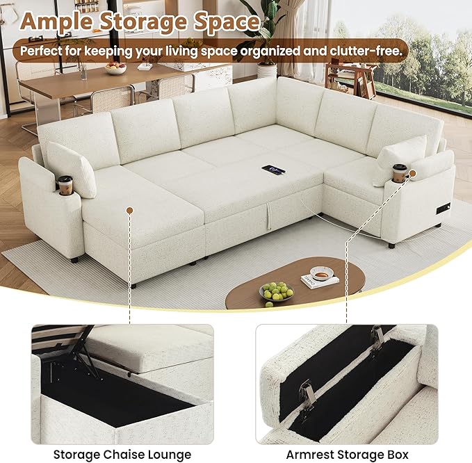 Ball & Cast 109.9" Sectional Sofa with Pull Out Bed, Chenille Upholstered Sleeper Sofa bed with Storage Chaise, Convertible U Shaped Couch with Two Cup Holders and Charging Ports for Living Room,Beige