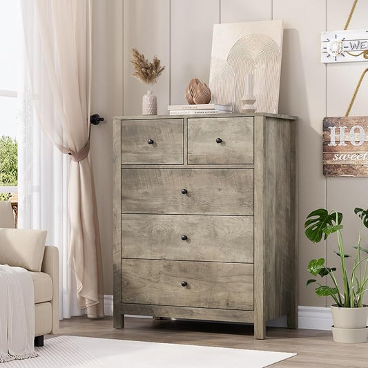 GarveeHome Grey 5 Drawer Dresser for Bedroom, Modern Tall Dresser Organizer with Storage Drawers, Wooden Chests of Drawers for Bedroom, Entryway, Hallway, Home Office