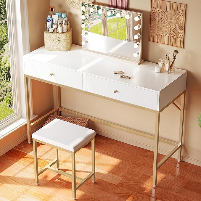 SUPERJARE 43-inch Modern White & Gold Desk - 2 Drawer Vanity, Computer & Home Office Study Desk for Writing & Bedroom