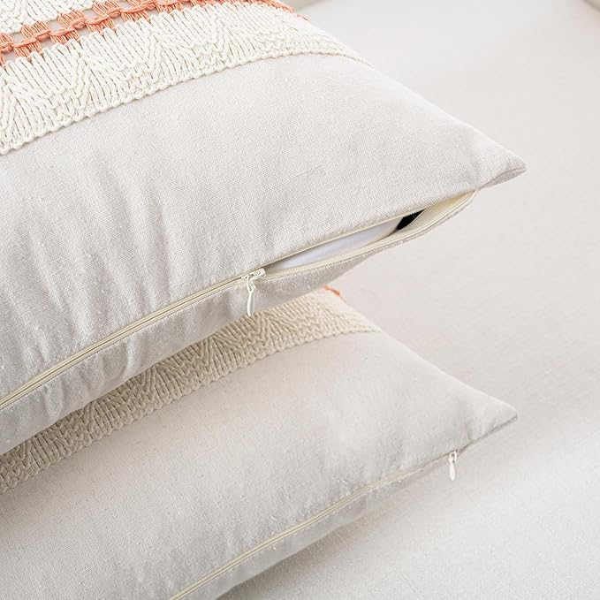 Fancy Homi Set of 2 Boho Coral Long Lumbar Decorative Throw Pillow Cover 12x24 Inch for Couch Bed Sofa Chair, Modern Organic Farmhouse Home Decor, Soft Cotton Cute Accent Rectangle Cushion Case