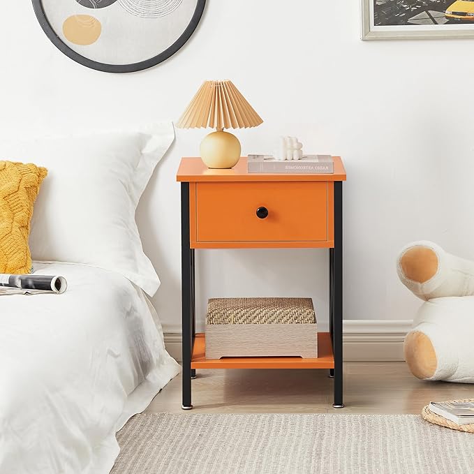 VECELO Nightstand,Modern Bedside End Table, Night Stand with Drawer and Storage Shelf for Living Room Bedroom, Industrial Metal Frame
