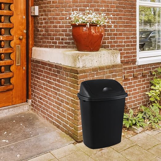 Begale 10 Gallon Plastic Swing Top Waste Container for Home Kitchen, Rectangular Trash Bin with Swing Lid, Black, Pack of 4