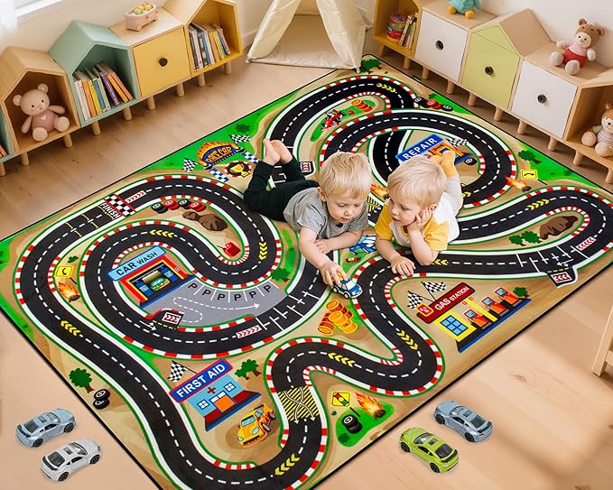 Kids Rug, Race Track Baby Play Mats, 4x6 Ft Kids Rug for Playroom,Extra Thick (0.4in) Realistic 3D Cascading Surround Route, Great for Playing with Cars and Toys, Non-Slip Car Carpet