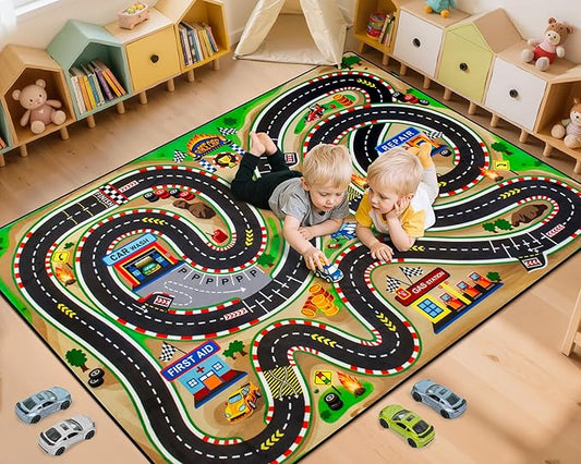 Kids Rug, Race Track Baby Play Mats, 4x6 Ft Kids Rug for Playroom,Extra Thick (0.4in) Realistic 3D Cascading Surround Route, Great for Playing with Cars and Toys, Non-Slip Car Carpet