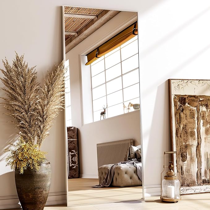 68"x 24" Full Length Mirror with Stand, Large Wall-Mounted or Leaning Floor Mirror with Aluminum Alloy Frame, Rectangular Wall Mirrors for Bedroom, Entryway, and Living Room Decor, Silver