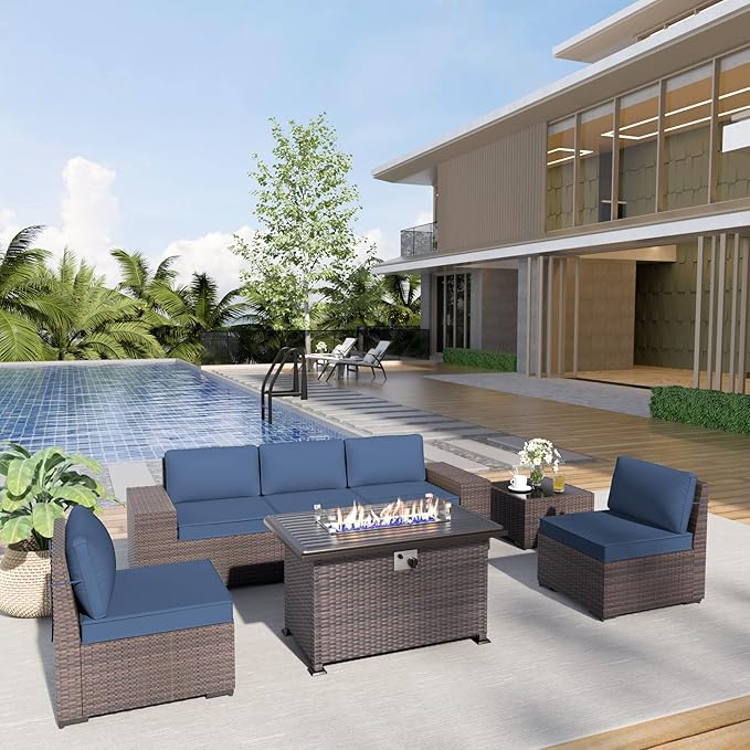 Kurapika 7 Pieces Patio Furniture Set, Rattan Wicker Outdoor Conversation Sets w/43in Propane Fire Pit Table and 4 Inch Cushion(Navy Blue)