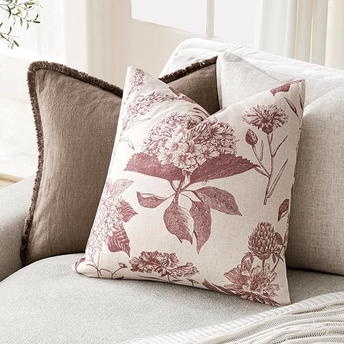 Foindtower Set of 2 Linen Floral Vintage Throw Pillow Covers Neutral Accent Decorative Cushion Covers Farmhouse Boho Home Decor for Sofa Chair Couch Bedroom Living Room Outdoor,20×20 Inch,Dark Pink