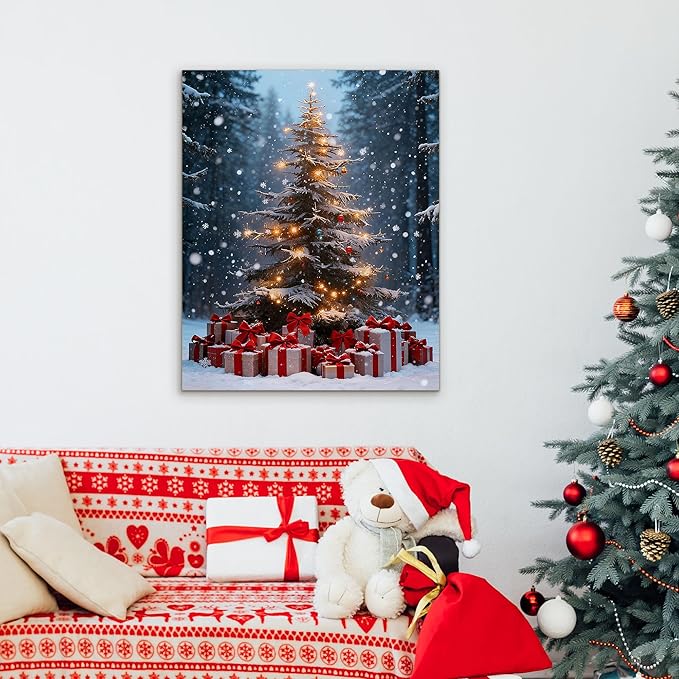 Framed Christmas Pictures Wall Decor,Vintage Pine Tree Prints,Winter Christmas Canvas Wall Art Decoration for Bedroom Bathroom Living Room Rustic Xmas Holiday Gifts (Christmas Tree 14, 16'' X 20'')