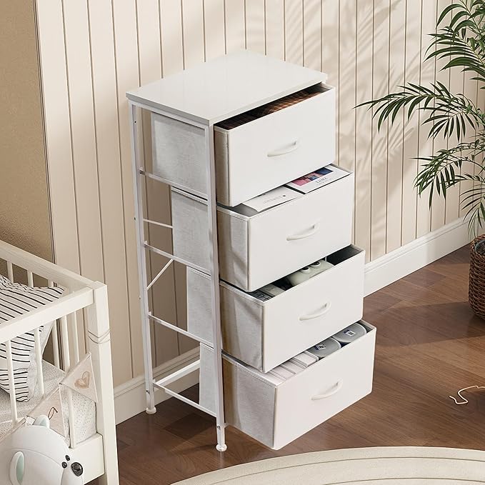 DUMOS Dresser for Bedroom, 4 Storage Drawers, Tall Fabric Closet Chests Organizer Tower Furniture with Wooden Top Metal Frame for Clothes, Nursery Room, Living Room, Hallway, Entryway