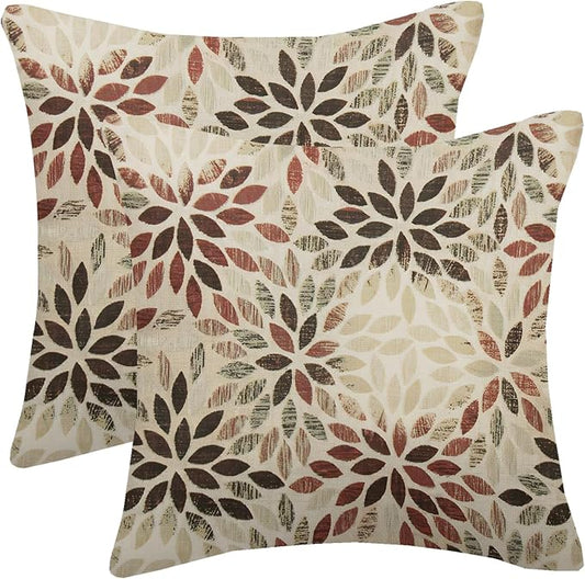 Burgundy Red Brown Pillow Covers 20x20 Inch Set of 2 Summer Rust Geometric Flower Outdoor Decorative Throw Pillows Farmhouse Dahlia Pillow Case Linen Square Cushion Cover for Home Sofa Bedroom