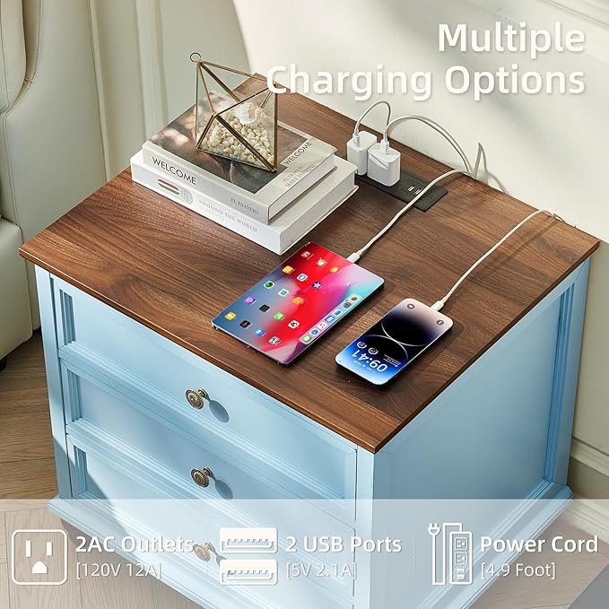Farmhouse Nightstand with Charging Station, 24" Wide End Table with 3 Drawers,Light Blue Wood Dresser for Bedroom, Bed Side Table Chest of Drawers Cabinet,Night Stand for Living Room, Closet