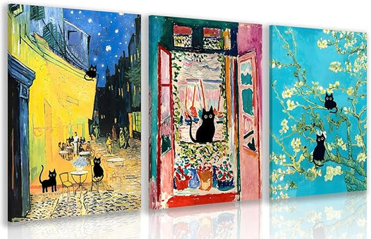 FASWQ Whimsical Black Cat Wall Art, Van Gogh Matisse Picasso Wall Decor, Funny Bathroom Canvas Paintings, Cute Animal Aesthetic Pictures for Living Room Kids' Room Framed Ready to Hang 16"x24"x3