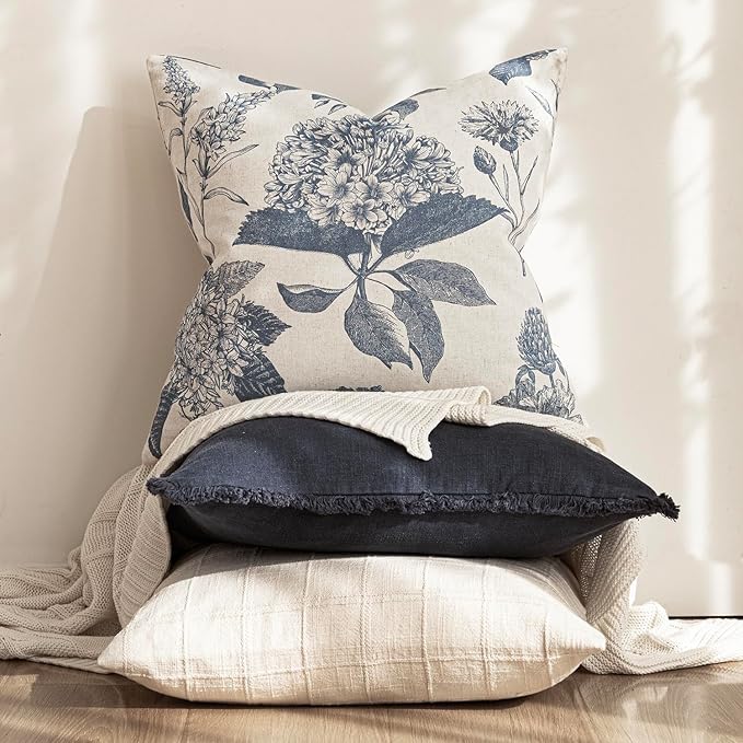 Foindtower Set of 2 Linen Floral Vintage Throw Pillow Covers Neutral Accent Print Decorative Cushion Covers Farmhouse Boho Home Decor for Sofa Chair Couch Bedroom Living Room Outdoor,22×22 Inch,Blue