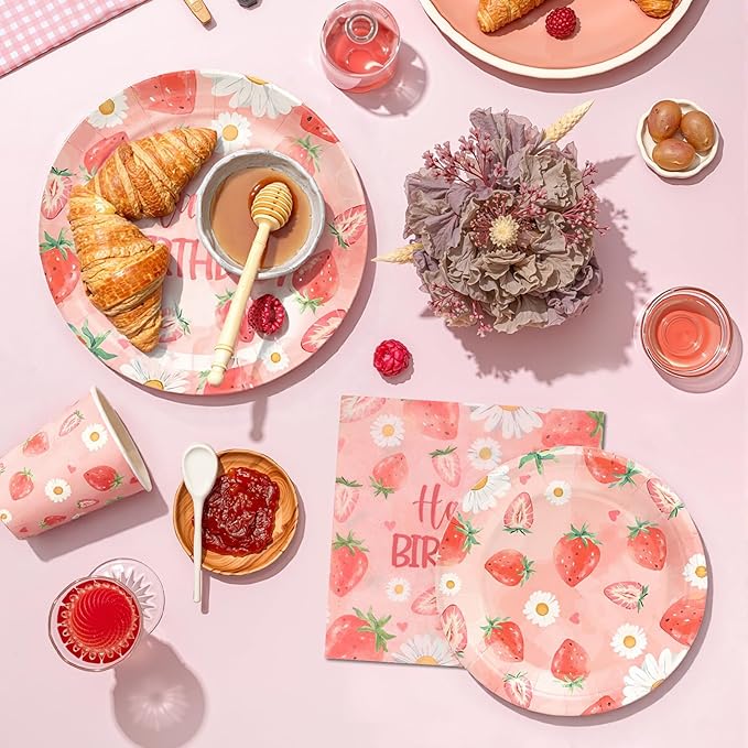 96pcs Kids Birthday Party Disposable Tableware Set Pink Strawberry Pattern for 24 Guests Party Supplies Round Plates（Include Plates, Cups and Napkins）