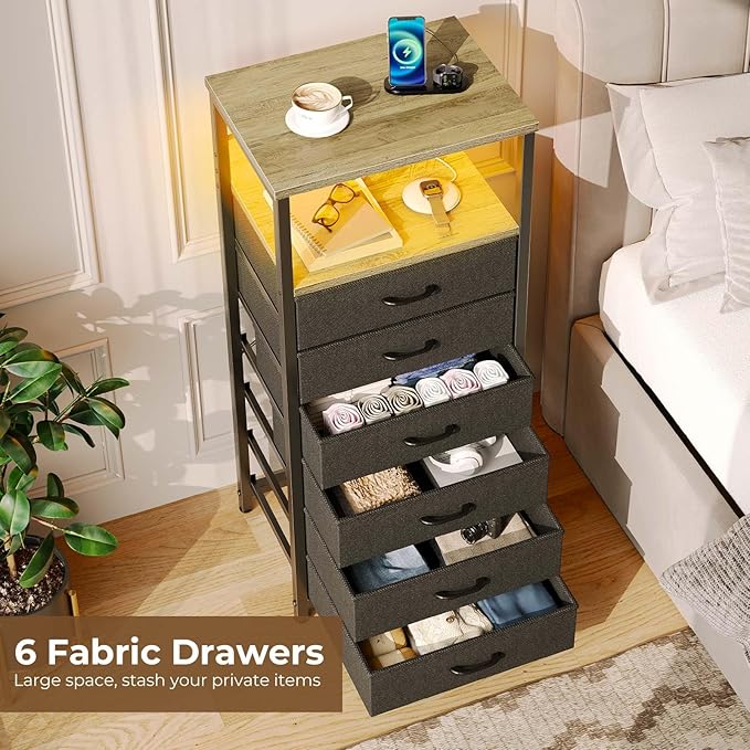 Seventable Night Stand with Charging Station, Tall Nightstand with 6 Fabric Storage Drawers, Side Table with LED Light for Bedroom, Entryway, Greige, Set of 2