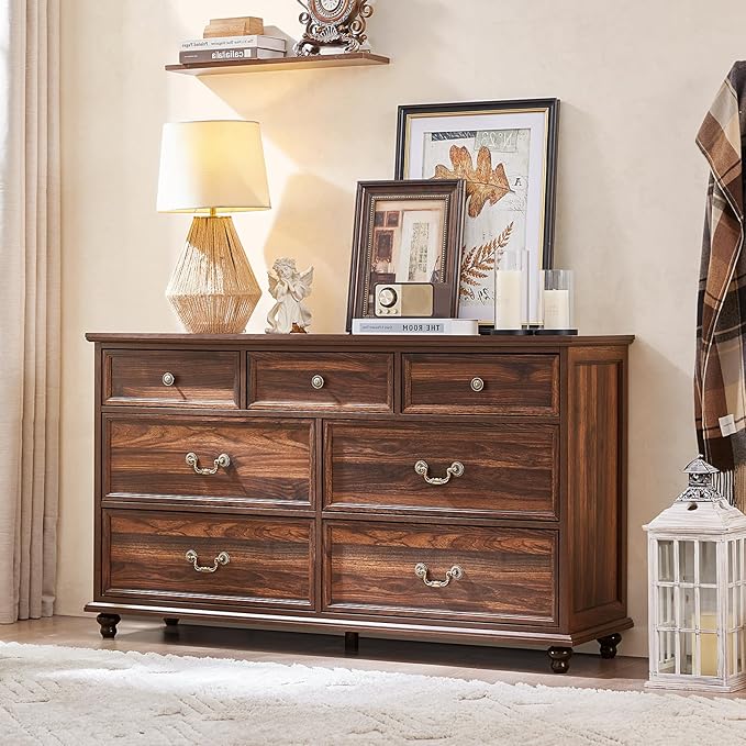 Farmhouse 7 Drawers Dresser Sets of 2 for Bedroom, Brown 54 Inch Wide Chest of Drawers w/ 4 Wooden Legs, Large Vintage Rustic Closet Dressers for Living Room, Wood TV Stand