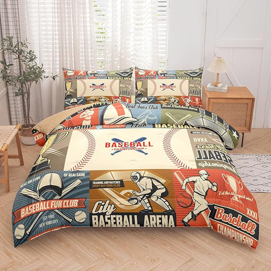 Tailor Shop Baseball Comforter Set, Full Size Sports Bedding for Boys with 2 Pillowcases
