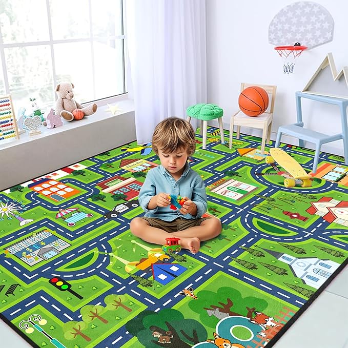 Car Rugs for Kids - Car Track Carpet for Boys Road Rug for Bedroom Road Map Carpet for Kids Toy Play Mat Farm, 3x5 Feet