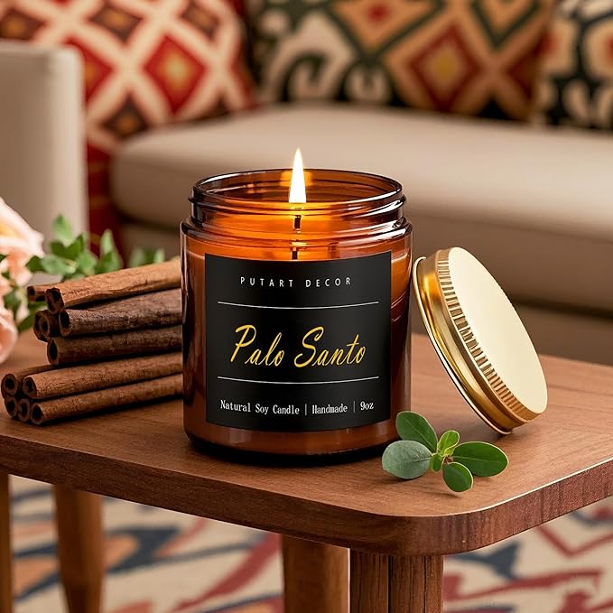 Palo Santo Highly Scented Candle for Home, 9oz Natural Soy Aromatherapy Non Toxic Candles with Essential Oil, Home Fragrance Stress Relief & Meditation Jar Candles Gifts for Women & Men