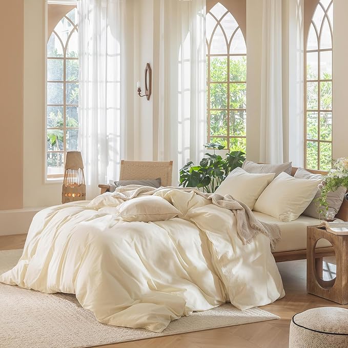 MooMee Bedding Duvet Cover Set 100% Washed Cotton Linen Like Textured Breathable Durable Soft Comfy (Solid Cream White, Super Queen 90"x98")