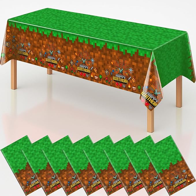 8Pcs Pixel Miner Party Decorations Tablecloth, 54" x 108" Gamer Birthday Tablecloth Disposable Plastic Pixel Gaming Birthday Decorations Table Cover for Kids Gamer Party Supplies