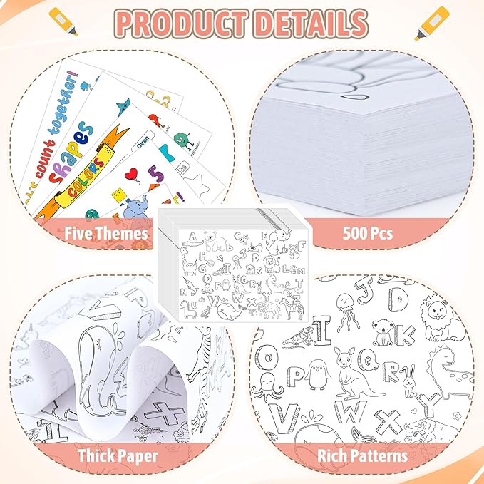 500 Pcs Disposable Coloring Placemats 5 Themed Coloring Activity Sheets Paper Mat Bulk 14.2"x10.2" Dining Table Paper Placemats Disposable Table Mat for Kids DIY (Weather,Shape,Color,Letter)