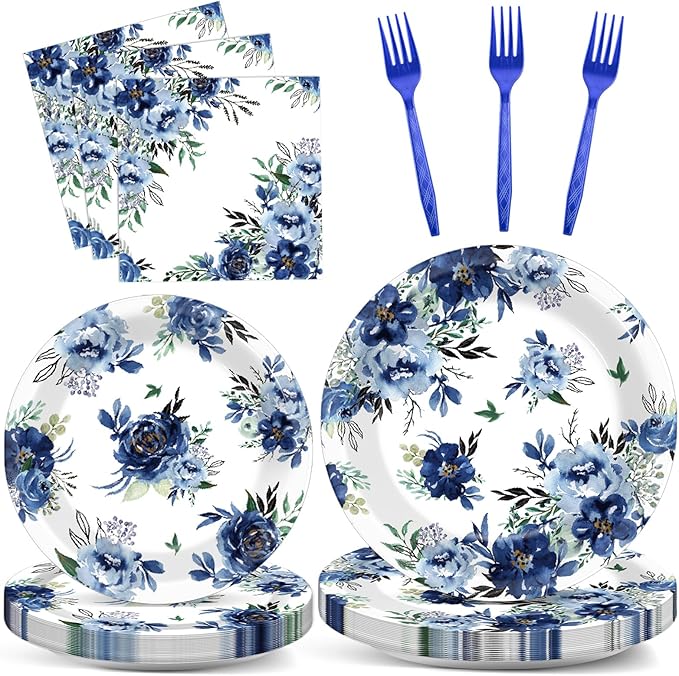 96 Pcs Peony Party Plates Napkins Tableware Set Blue Flower Supplies Disposable Dinnerware Navy Floral Party Decoration Favors for Summer Holiday Wedding Bridal Baby Shower Birthday, 24 Guests