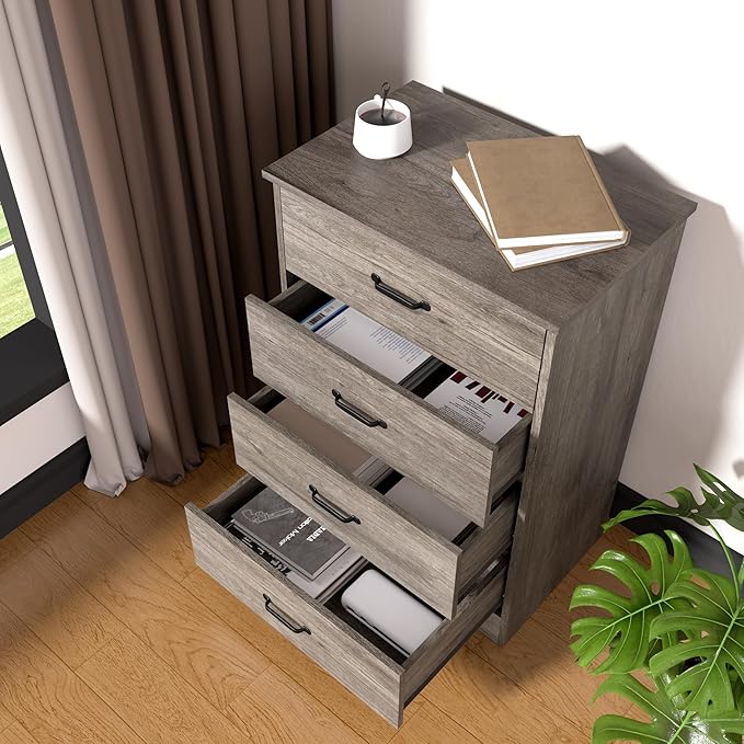 Farmhouse 4 Drawer Dresser, Small Wooden Chest of Drawers Classic White Dresser for Bedroom Living Room Entryway (Dark Gray, 4 Drawer)
