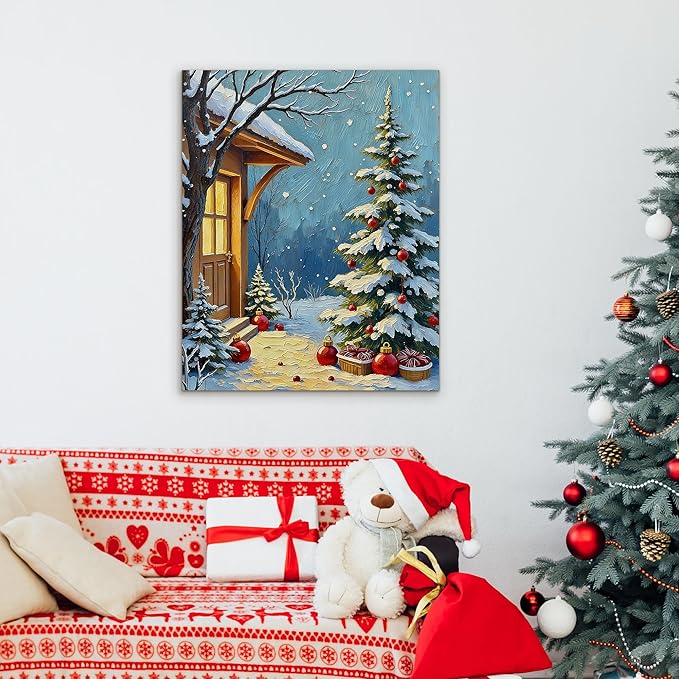 Framed Christmas Pictures Wall Decor,Vintage Pine Tree Prints,Winter Christmas Canvas Wall Art Decoration for Bedroom Bathroom Living Room Rustic Xmas Holiday Gifts (Christmas Tree 21, 16'' X 20'')