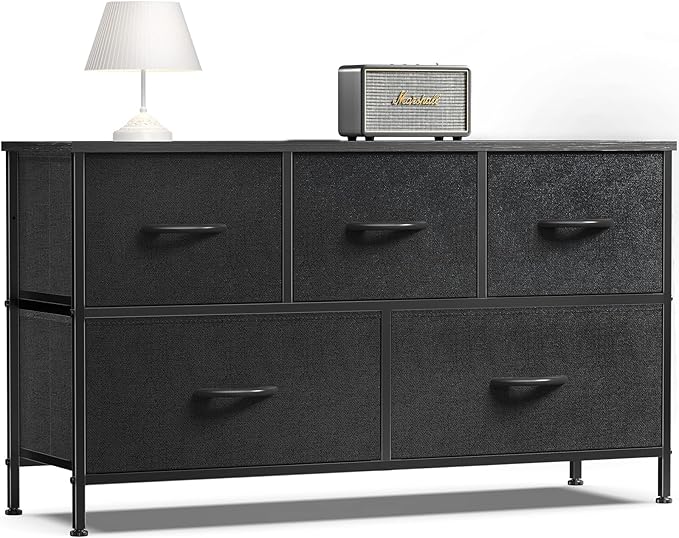 OLIXIS Dresser for Bedroom, 5 Storage Drawers, Wide Fabric Closet Chests Organizer Tower Furniture, TV Stand with Wooden Top Metal Frame for Clothes, Living Room, Hallway, Entryway, Classic Black