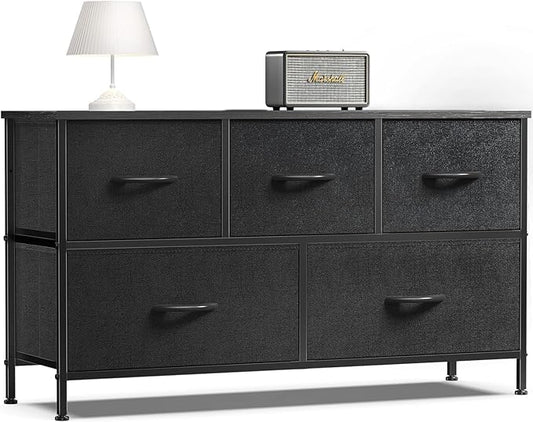 OLIXIS Dresser for Bedroom, 5 Storage Drawers, Wide Fabric Closet Chests Organizer Tower Furniture, TV Stand with Wooden Top Metal Frame for Clothes, Living Room, Hallway, Entryway, Classic Black