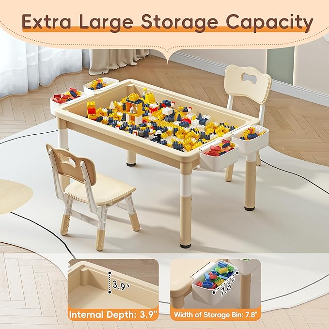 Kids Table and 2 Chairs with Storage, Children Water and Sand Activity Tables Height Adjustable, 34.6''L x 24.4''W Toddler Table for Buliding Blocks, Drawing, Eating, for Kids Age 2-10, Beige