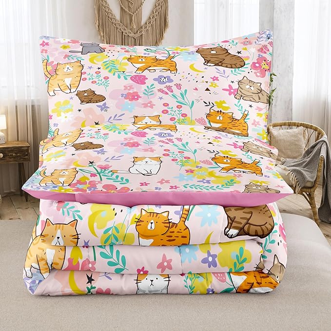Tailor Shop Cat Girls Comforter Sets Full Size,Pink Cat Bedding Sets for Kids Teens with 2 Pillowcase…