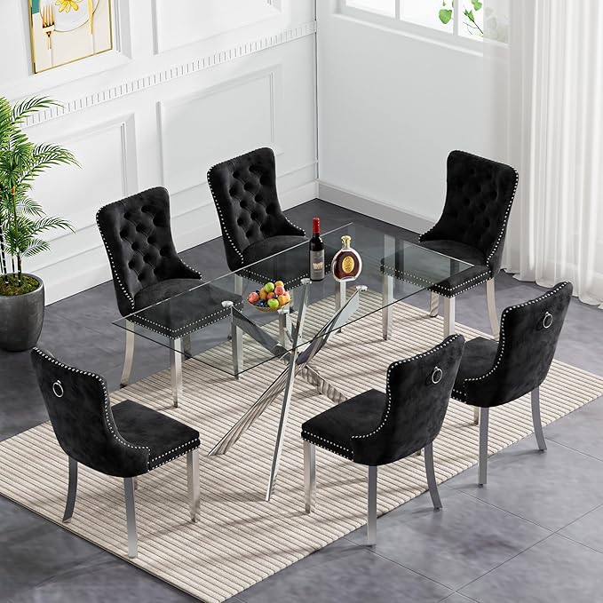 Goujxcy Glass Dining Table Set for 6, Modern Kitchen Table and Chairs Set of 6, 7-Piece Kitchen Dining Room Table Set w/51 Glass Metal Dining Table and 6 Black Velvet Upholstered Chairs