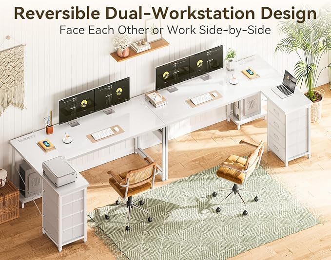 ODK 61'' L Shaped Desk with 4 Drawers, Reversible Corner Desk with Storage, Gaming Table with Power Outlets, USB Ports, PC Case Shelf, Computer Desk for Home Office, Study, Easy Assembly, White