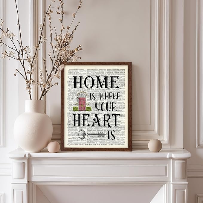 Poster Master Dictionary Art Poster - Home Is Where Your Heart Is Print - Motivational Art - Gift for Men & Women - Inspiring Wall Decor for Dorm, Bedroom or Living Room, 11x14 Brown Framed