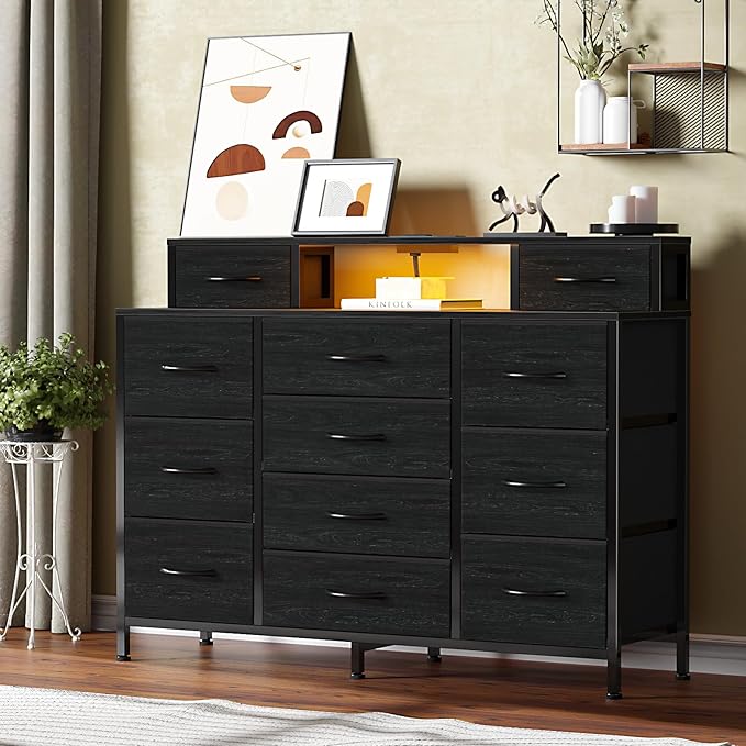 Furnulem Black Dresser for Bedroom with LED Lights & Charging Station,47"W Dressers in Closet,Long Chest with 12 Storage Drawers,TV Stand Fabric Furniture for Hallway,2-Tier Shelf Wood Top,Metal Frame