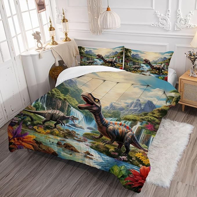Kids Comforter Set Full Super Soft and Fluffy Microfiber Boys Kids Dinosaur Bedding Set Easy Care Cute Dinosaur Quilt Set with 1 Comforter and 2 Pillowcases