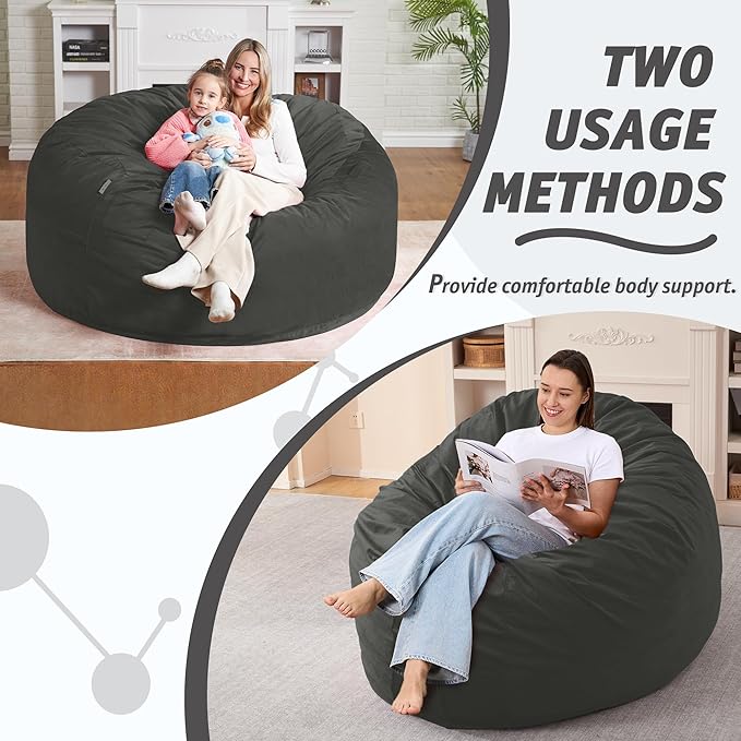 5FT Bean Bag Chair with Ultra Soft Velvet Cover Bean Bag Sofa with Memory Foam Bean Bag Chairs with Large Size Lazy Sofa for Dorm Office Living Room Bedroom Grey 5'