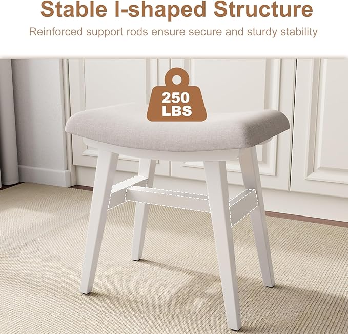 Solid Wood Small Vanity Stool, Compact Makeup Chair with Saddle Cushion, Linen-Covered High Rebound Sponge Seat, Easy Assembly Footstool, Modern Ottoman for Bedroom, Entryway, Home, White