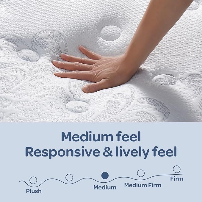 OhGeni 14 Inch Cooling Queen Size Mattress, Hybrid Gel-Infused Memory Foam Bed Mattresses in a Box, Medium Feel Cool Top Fabric, Individual Pocket Innerspring, 3-Zone Design & Reinforced Edge Support