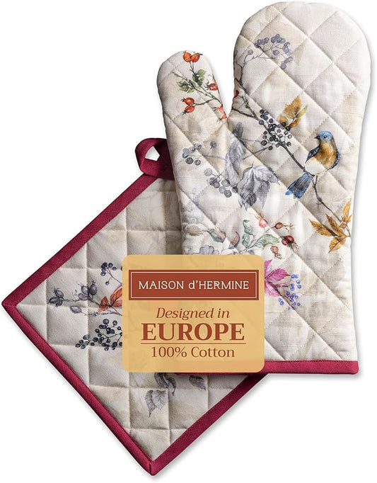 Maison d' Hermine 100% Cotton Oven Mitt & Pot Holder Set (7.5"x13" & 8"x8") Heat Resistant BBQ Cooking Gloves with Loop for Thanksgiving Christmas Decorations Handling Hot Pans (Equinoxe - Beige)