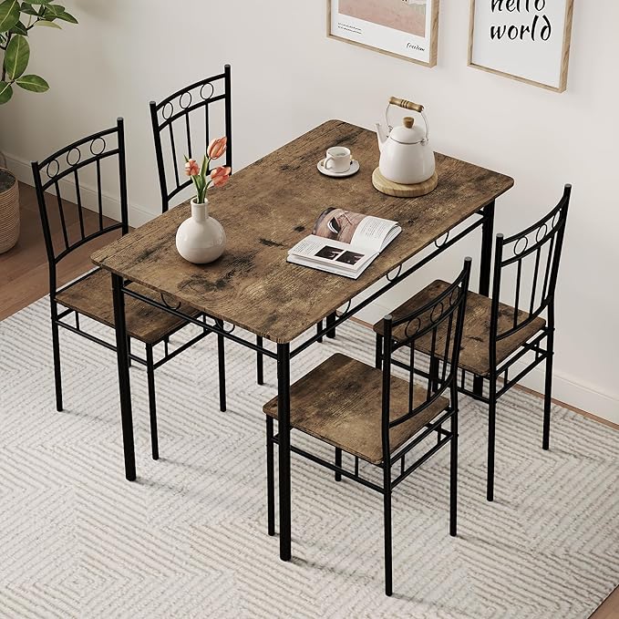 Kitchen Dining Table Set for 4, 5-Piece Kitchen Table Set,Dining Room Table Sets,Rectangular Kitchen Table Set with 4 Chairs for Small Space, Dinette,Apartment, Rustic Brown