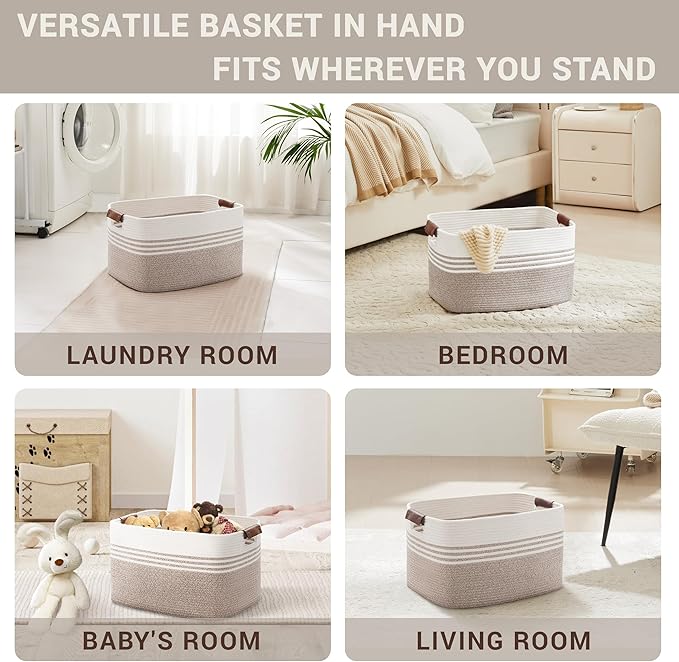 Laundry basket with leather handles for clothes,blankets,pillows,toys,towels,suitable for bedrooms and living rooms,cotton woven laundry hamper,extra large gift basket,18"x14"x11",Brown
