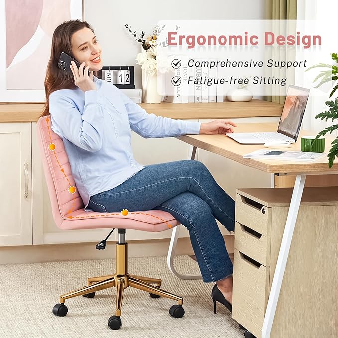 Furniliving Armless Vanity Chair with Wheels, Computer Rolling Desk Chair with Back, Height Adjustable Soft Velvet Fabic Gold Metal Base Stool,Pink